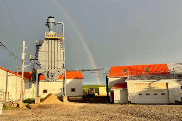 Scierie avec arc-en-ciel en arrière-plan, ciel gris.