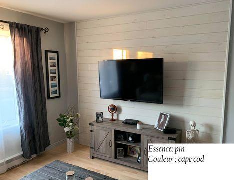 Salon moderne avec télé murale et décoration.