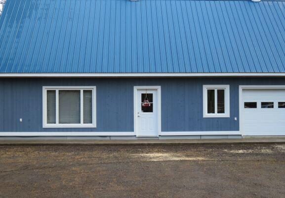 Maison bleue moderne avec toit métallique.